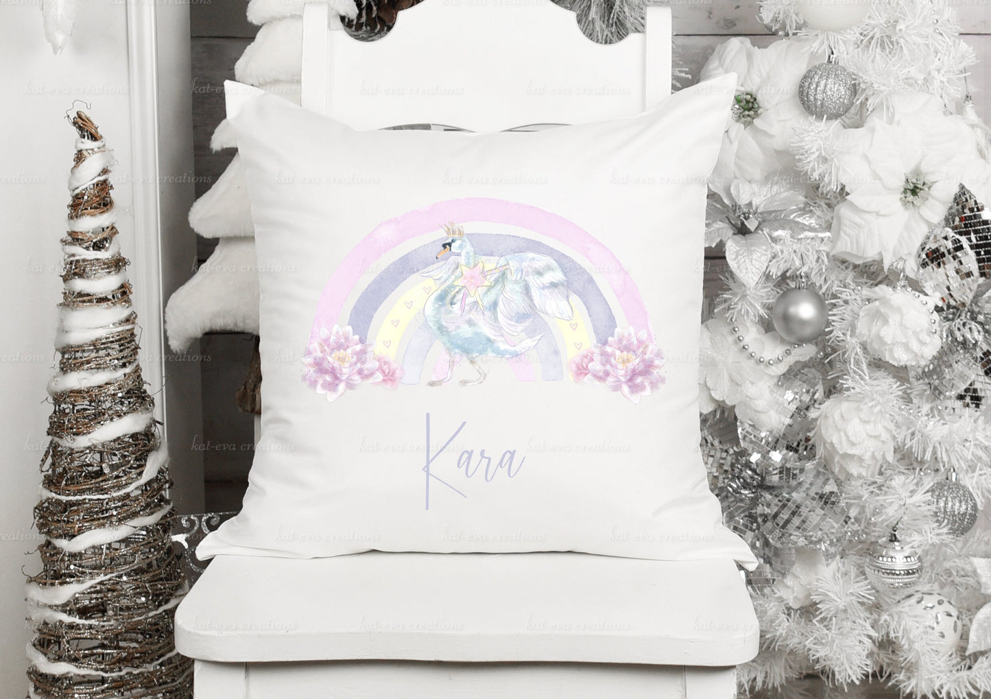 Stunning personalised swan fairytale rainbow cushion