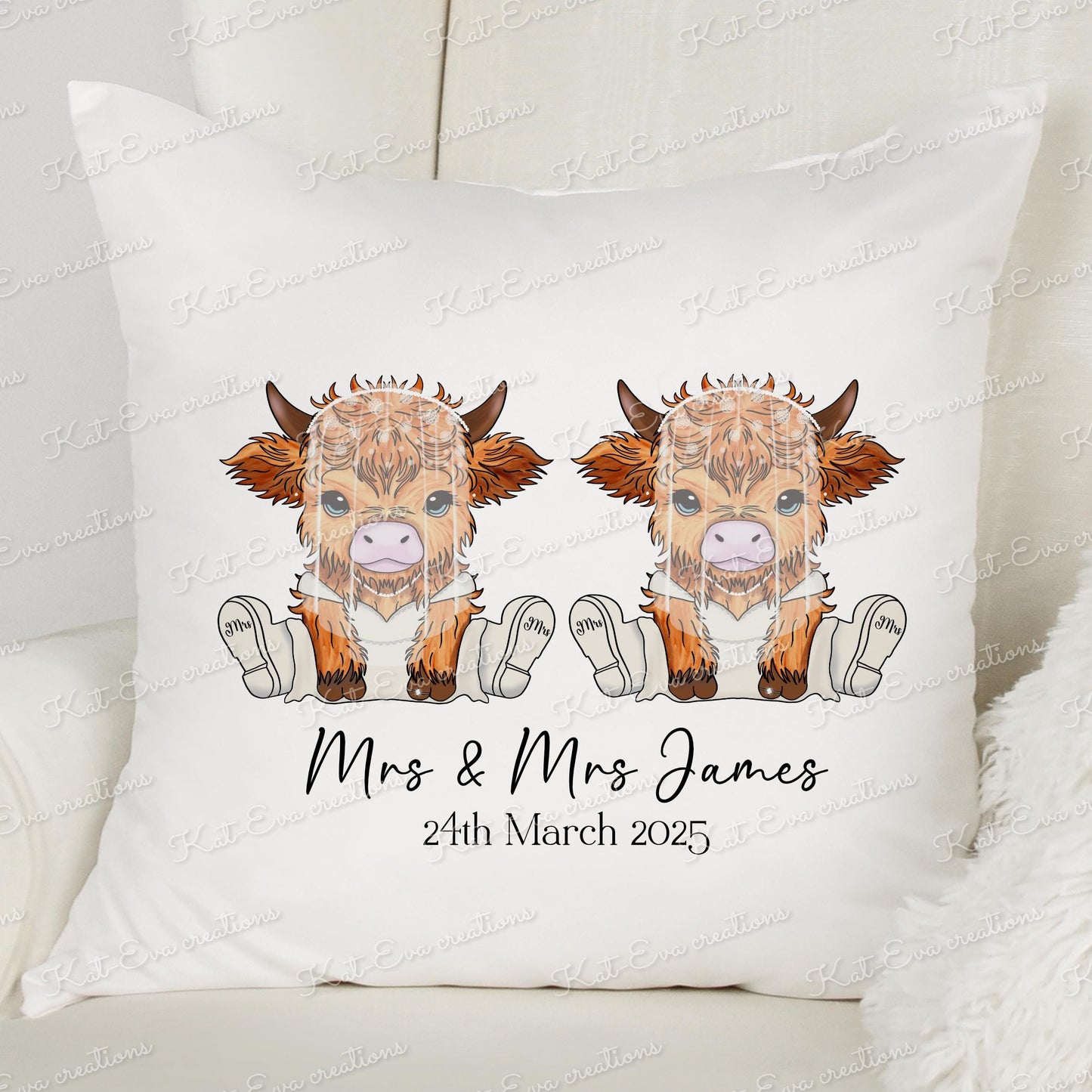 Highland cow Wedding cushion. Personalised cushion. Engagement, wedding or anniversary cushion Highland cow congratulations. highland coo