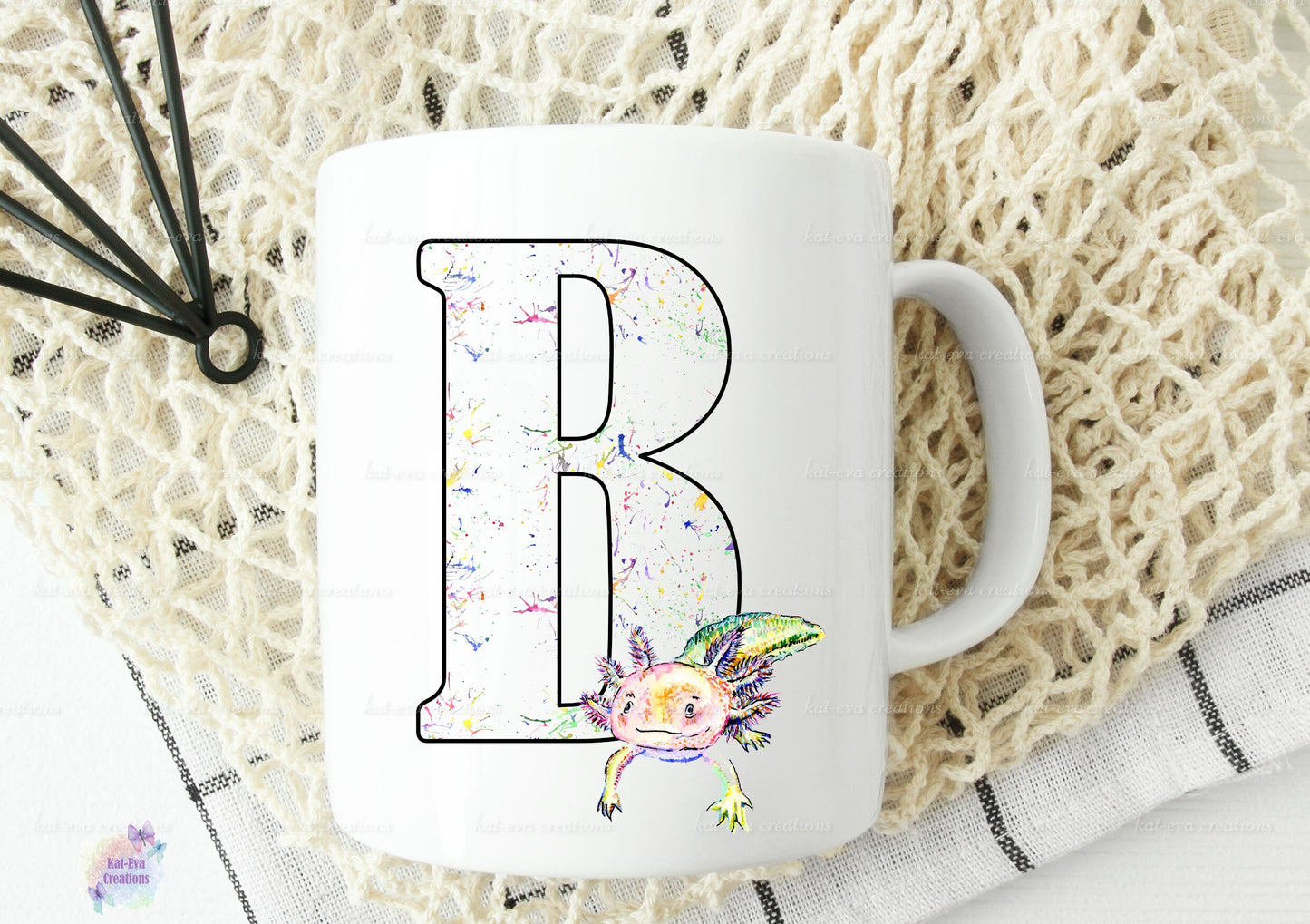 Watercolour axolotl initial mug, can be personalised.