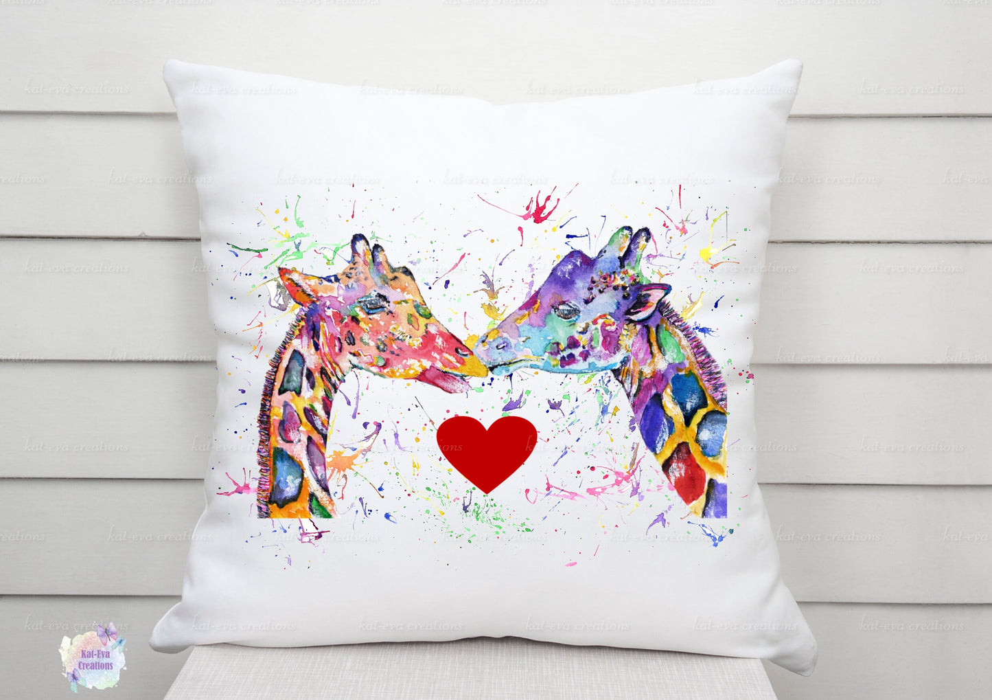 Beautiful watercolour giraffe couple cushion. can be personalised. ideal for valentines