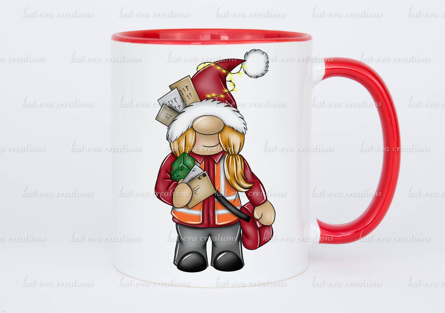 Christmas post lady mug. can be personalised. christmas gnome / gonk postman post lady