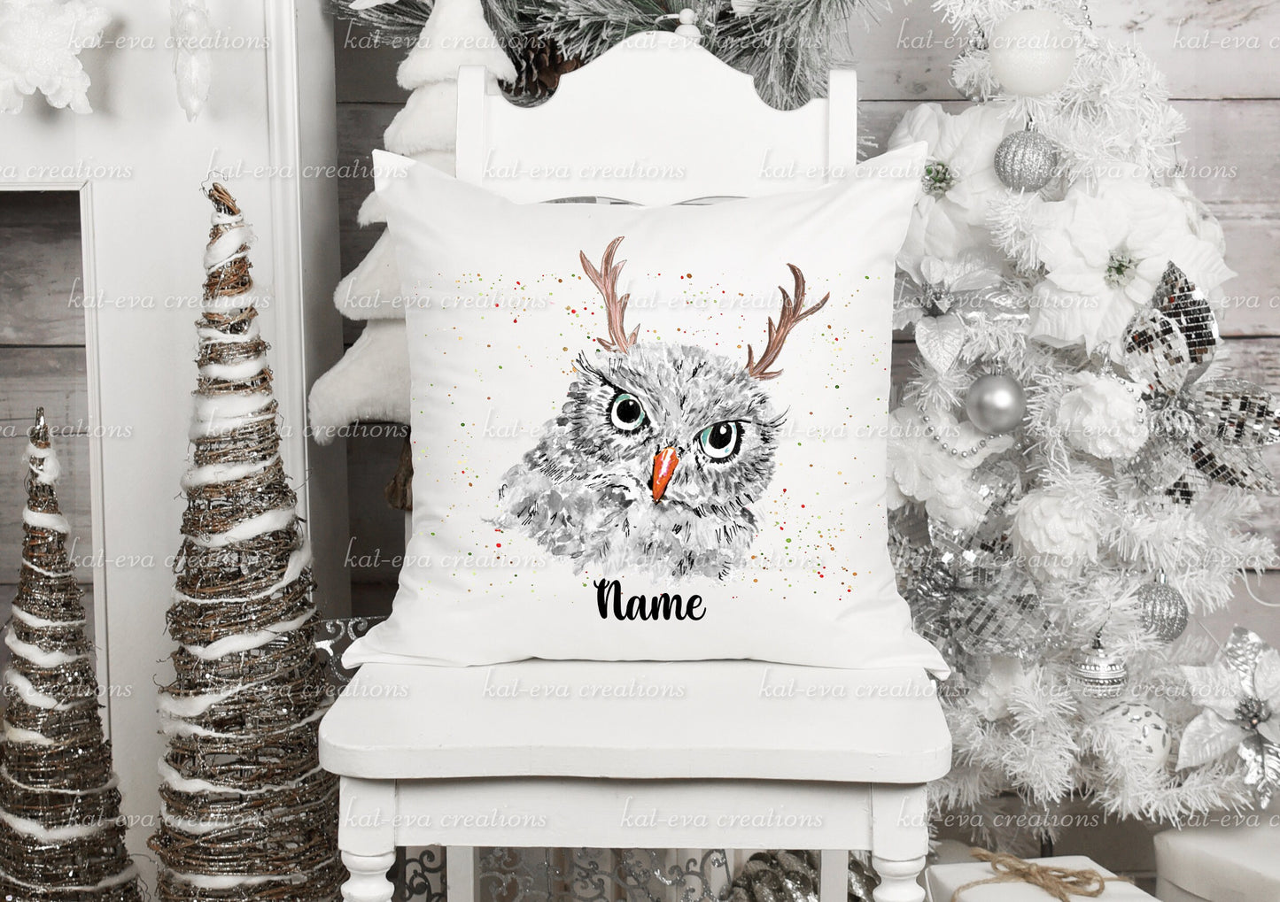 watercolour Owl cushion, can be personalised, Different backgrounds and christmas accessories available. ideal christmas decor or xmas gift