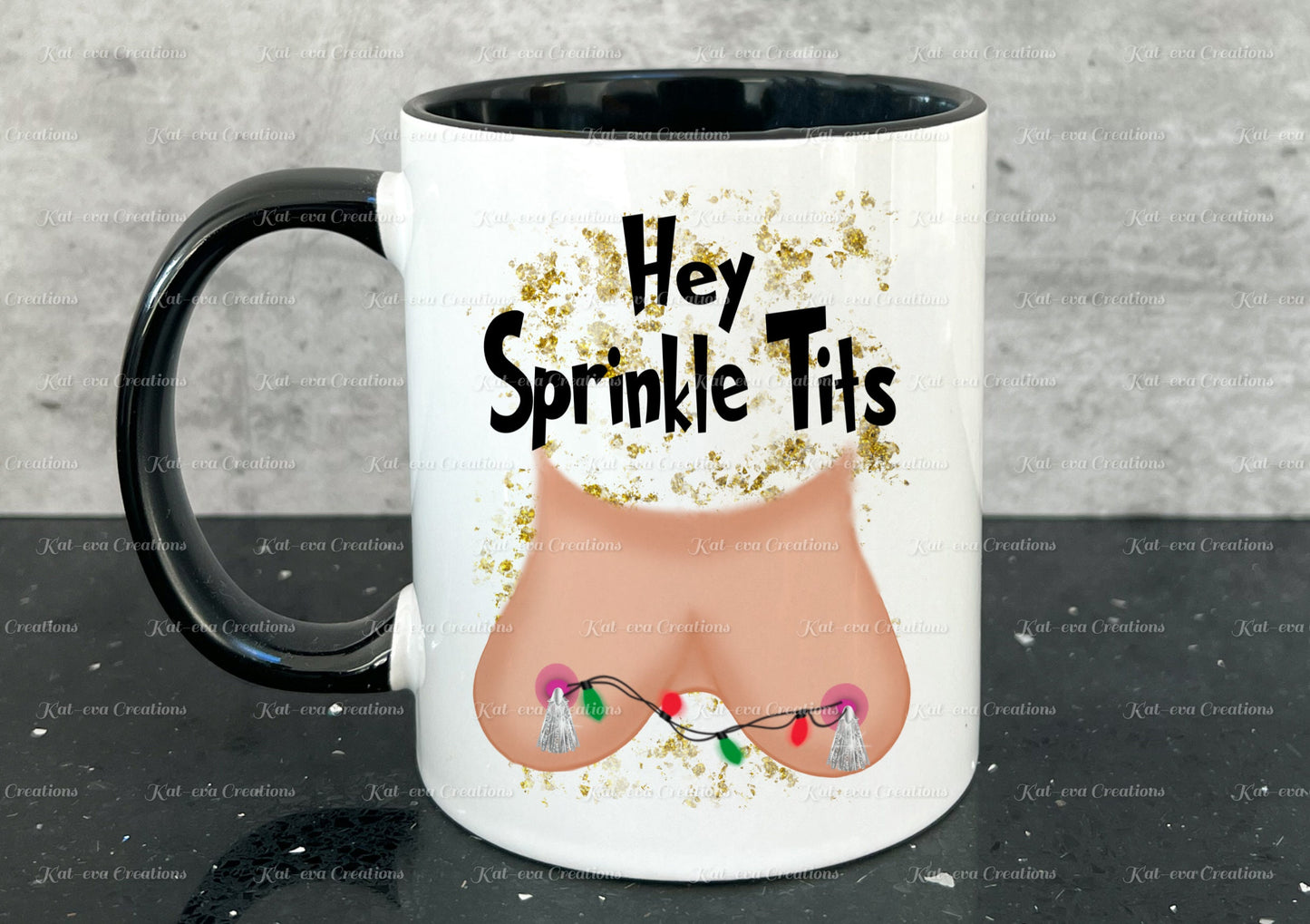 jingle balls, sprinkle tits mugs available individually or as a pair. tinsel tits. secret santa, stocking filler or christmas gift