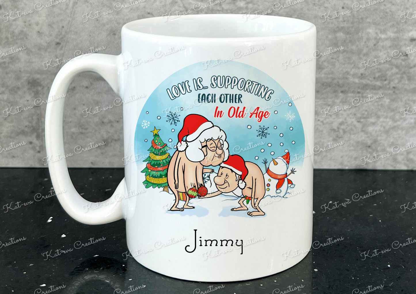 Rude old age mug. love is supporting each other personalised cup. anniversary present christmas gift or secret santa present.