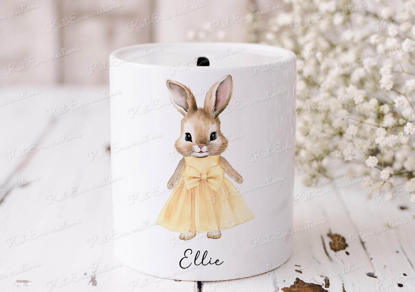 rabbit money box.  Personalised bunny moneybox. Ideal for newborn or christening gift. Birthday or baptism present