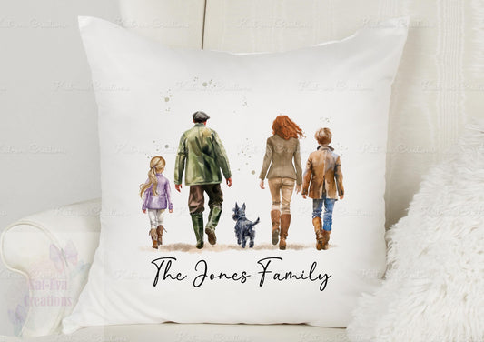 Dog and owner cushion. Country walk family pillow, personalised dog cushion. Lots of different dogs available