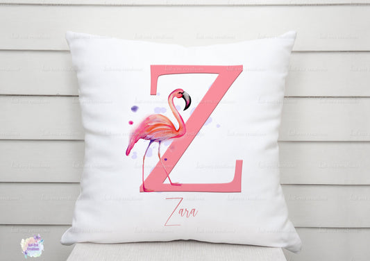 flamingo initial cushion can be personalised. ideal birthday or christmas gift