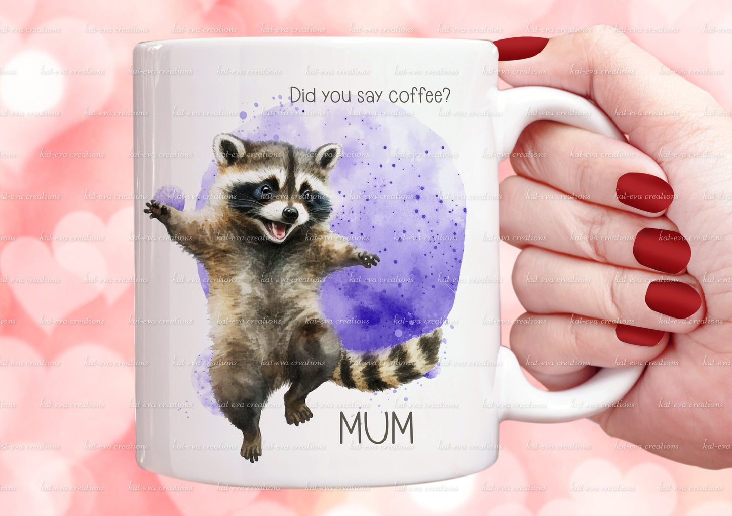 Racoon mug. personalised raccoon cup. cute smiley racoon. ideal birthday, thank you or Christmas gift