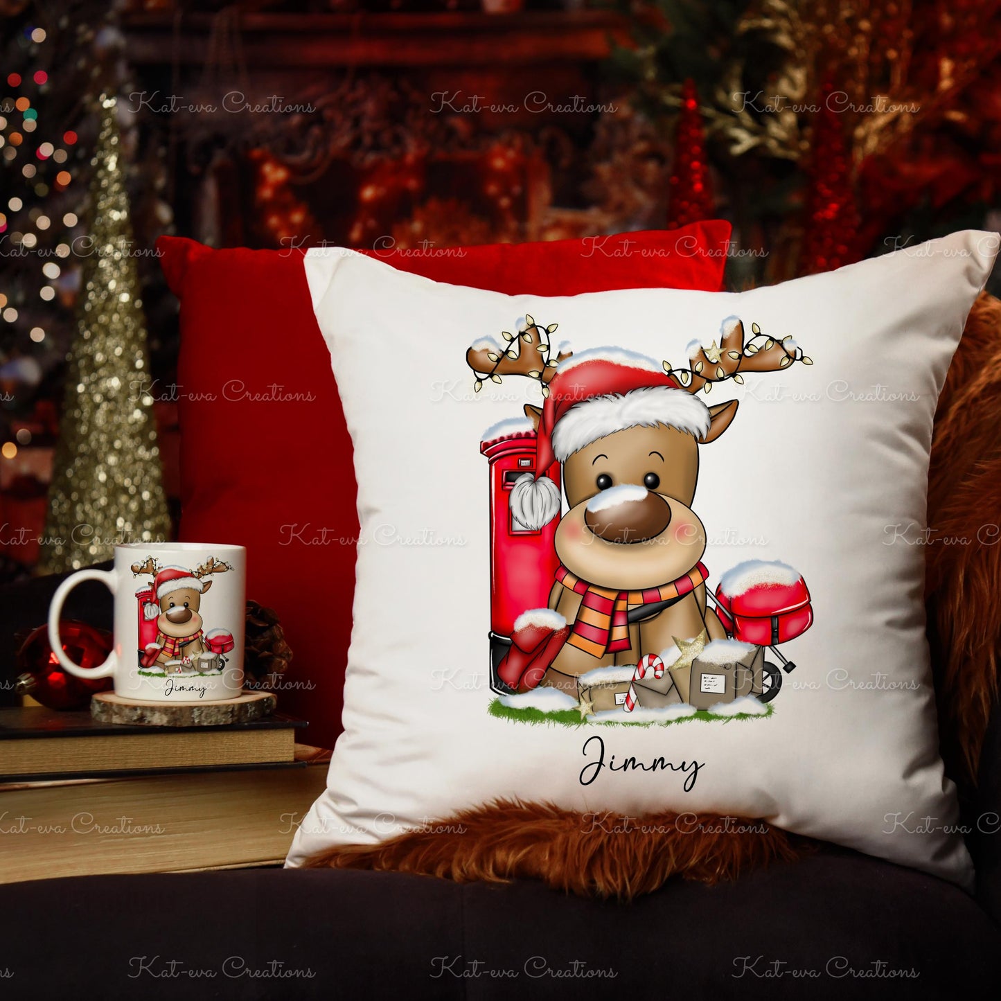 postman reindeer cushion. personalised postlady / postie cushion. ideal christmas or secret santa gift or as a thank you present