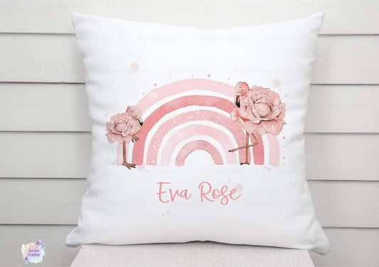 Gorgeous flamingo rainbow cushion. can be personalised. ideal for mothers day