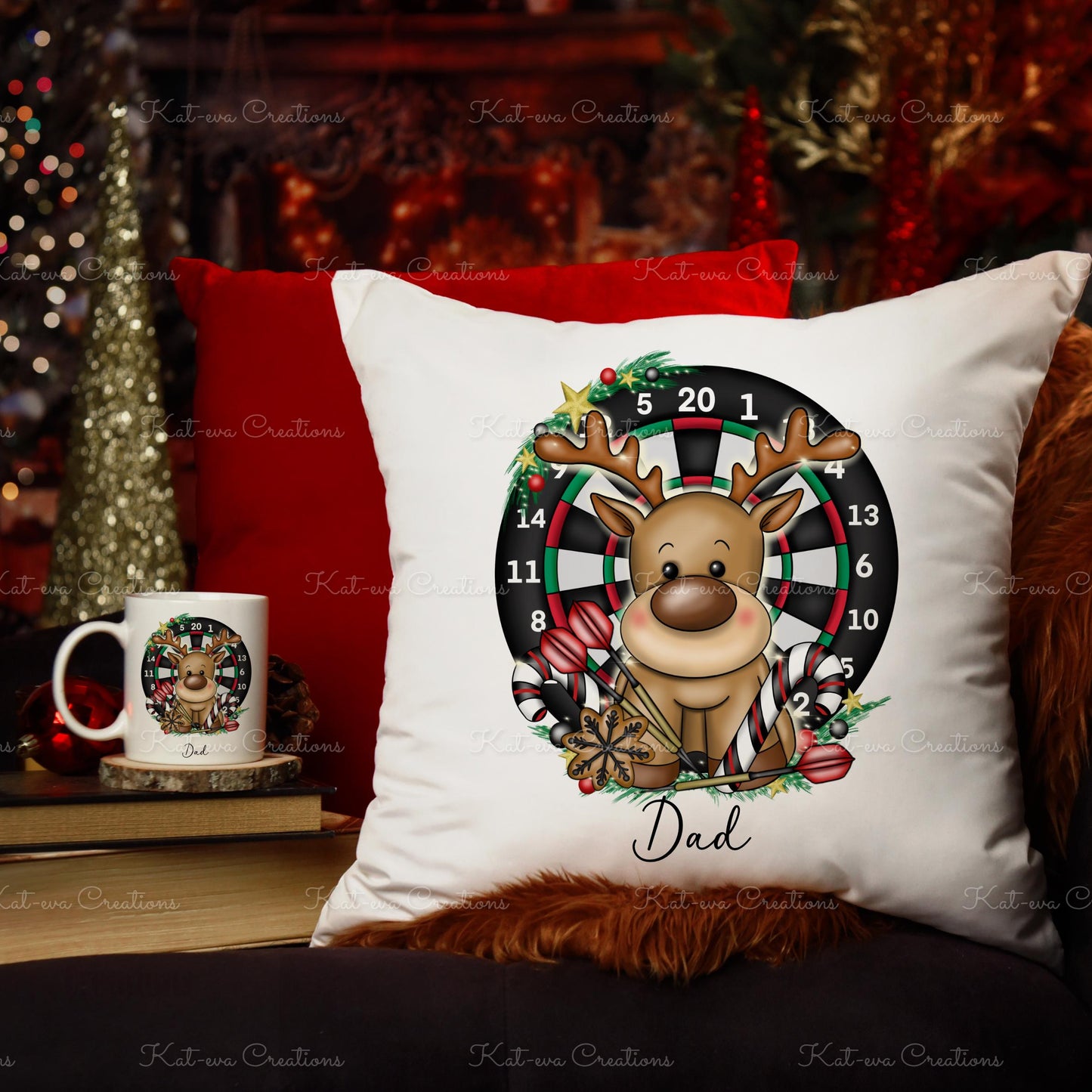 dart player reindeer cushion. personalised darts cushion. ideal christmas or secret santa gift or as a thank you present