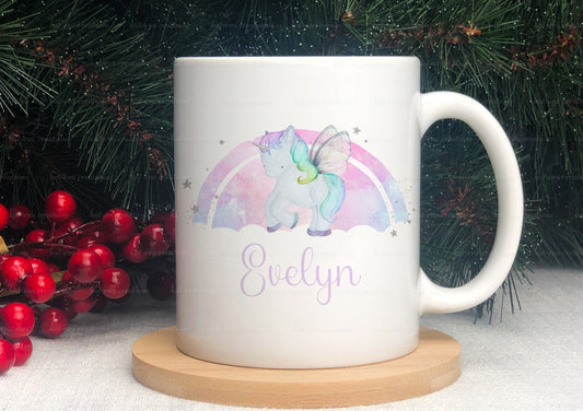 Rainbow unicorn mug. Can be personalised with wording of your choice. ideal for birthday, christmas or back to school