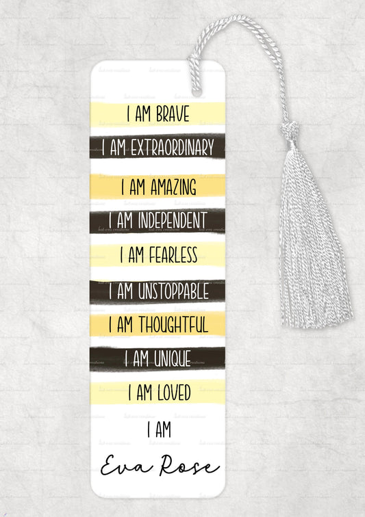 positive affirmation personalised bookmark. positivity, brave, extraordinary, amazing, independent, fearless, thoughtful, unique, loved