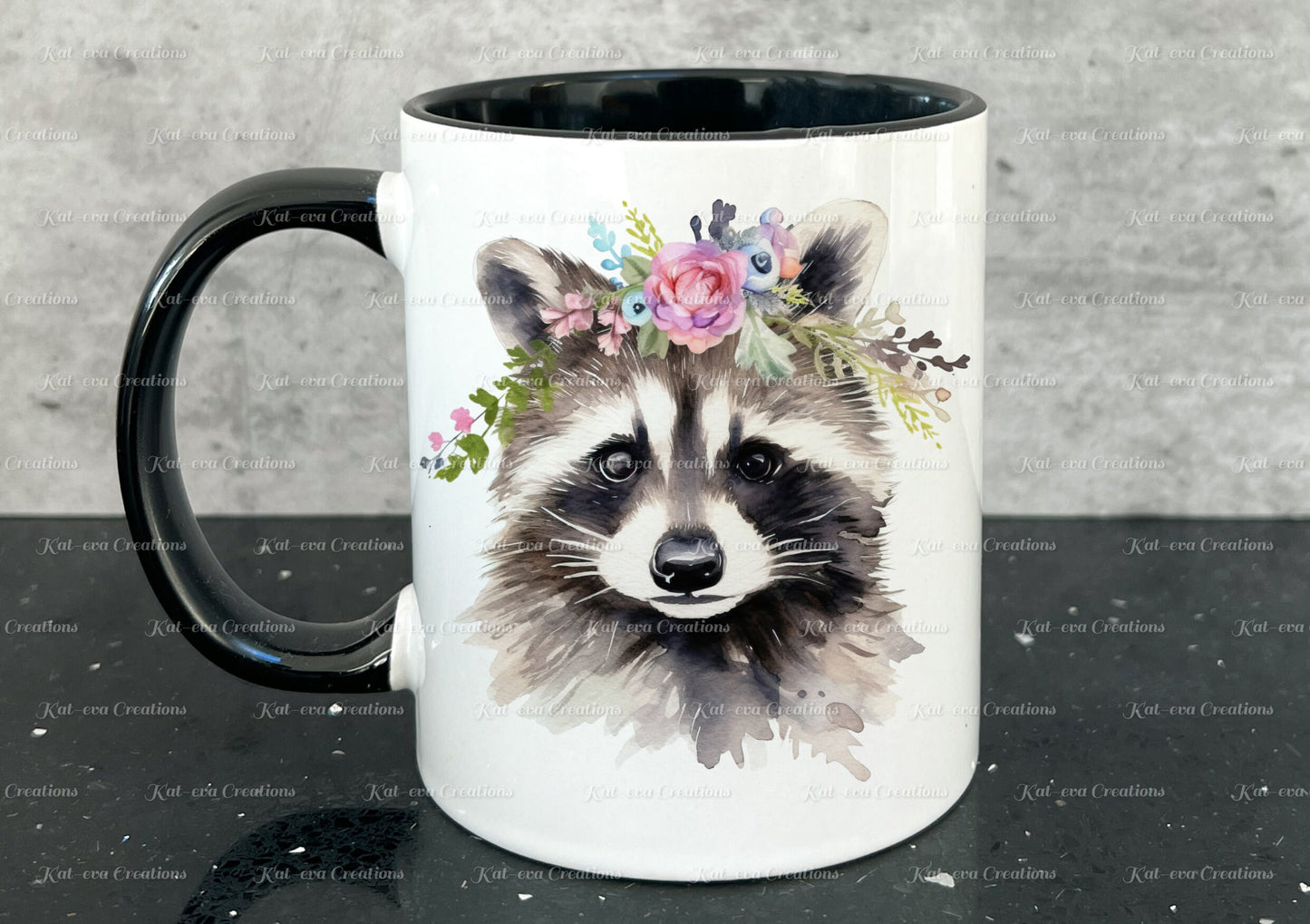 personalised racoon mug. Gorgeous Floral raccoon Cup. Ideal for birthday, secret santa, stocking filler or Christmas present