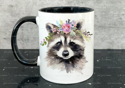 personalised racoon mug. Gorgeous Floral raccoon Cup. Ideal for birthday, secret santa, stocking filler or Christmas present