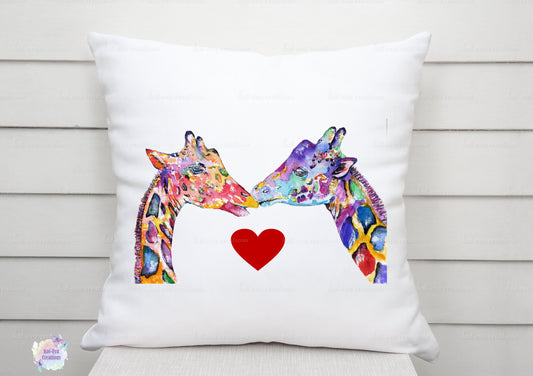 Beautiful watercolour giraffe couple cushion. can be personalised. ideal for valentines