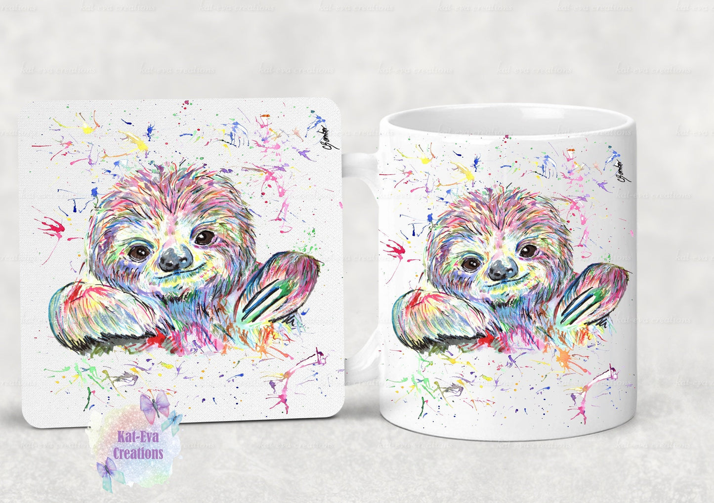 watercolour sloth mug or mug and coaster set. can be personalised