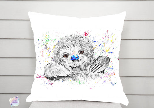 Sloth cushion. Personalised sloth cushion. Black and white with a hint of colour. Ideal birthday or Christmas present