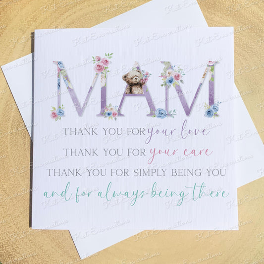 Personalised mother's day card. Happy mothers day or birthday card for mam, mom, mum, nan, nanna, nana, nannie, nanny. Cute Teddy bear card