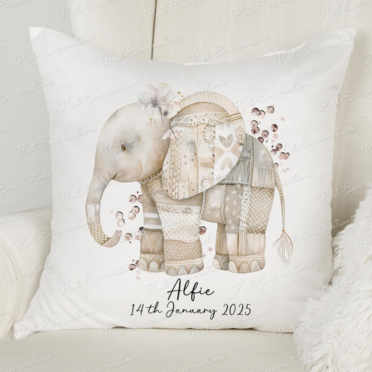 Patchwork elephant cushion. Personalised congratulations pillow. choice of elephant colour. newborn baby girl, baby boy. Birthday gift