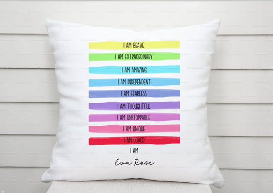 positive affirmation personalised cushion. positivity, brave, extraordinary, amazing, independent, fearless, thoughtful, unique, loved