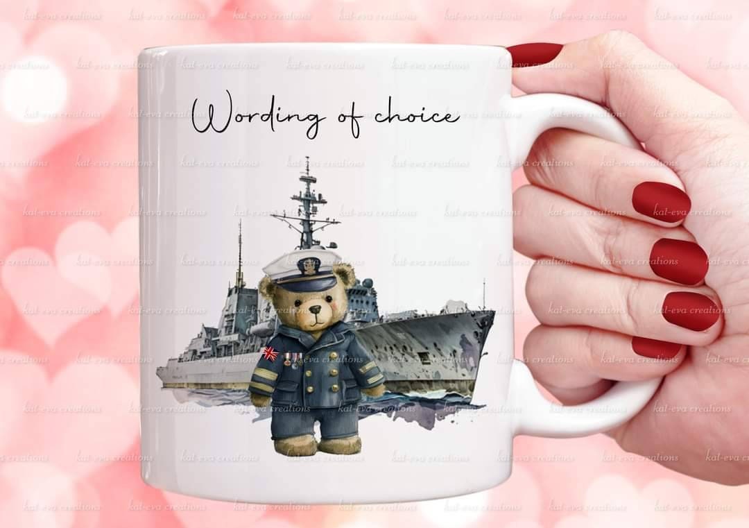 Royal navy mug. Personalised teddy cup. Ideal passing out gift.