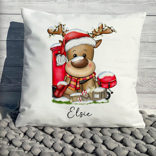 postman reindeer cushion. personalised postlady / postie cushion. ideal christmas or secret santa gift or as a thank you present