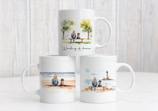 Dog and owner mug. summer personalised dog mug. Lots of different people and dogs available, Ideal Birthday or Mothers day gift