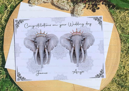 Personalised elephant couple card. Ideal for valentine's Day, weddings, engagement or anniversaries
