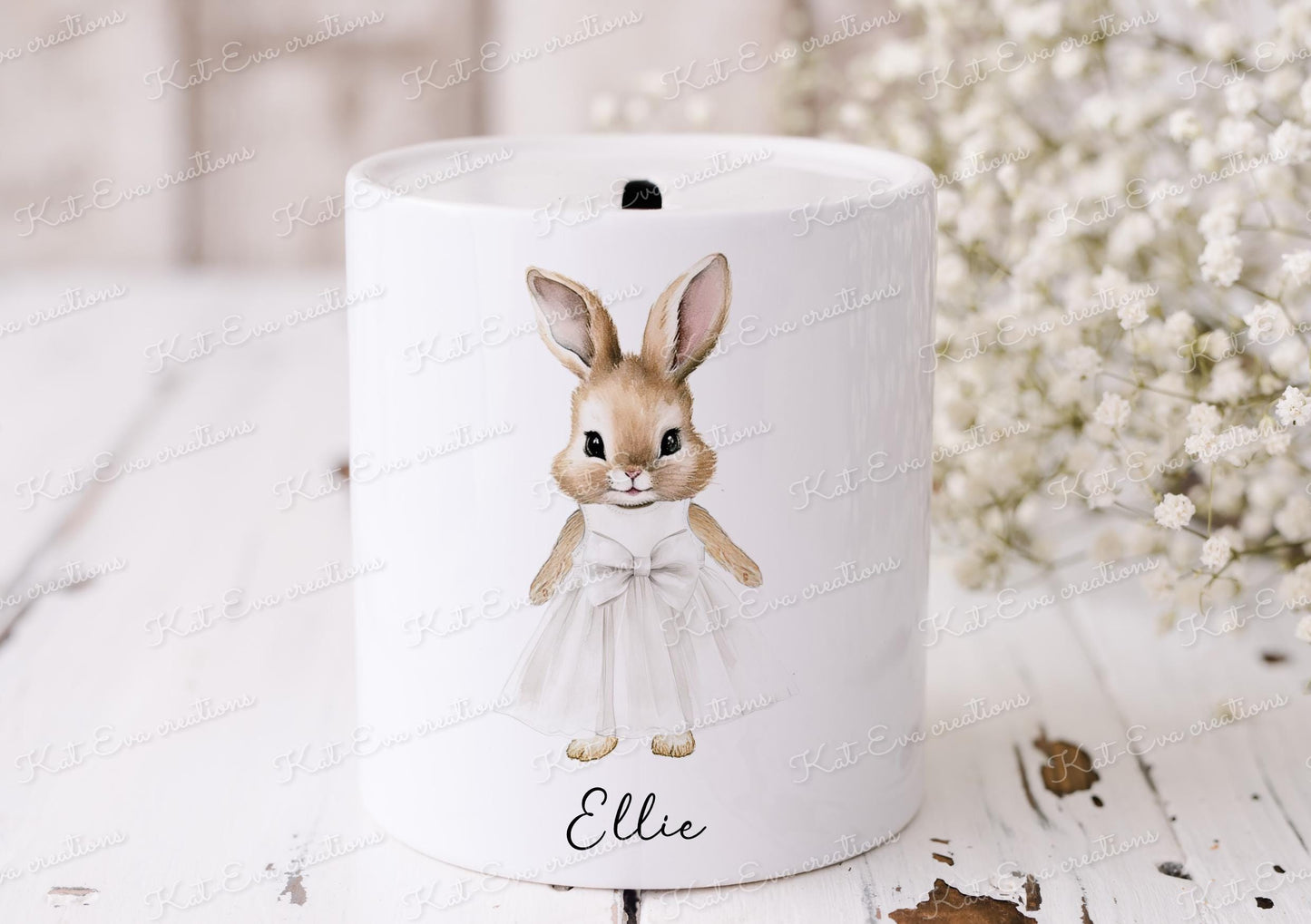 rabbit money box.  Personalised bunny moneybox. Ideal for newborn or christening gift. Birthday or baptism present