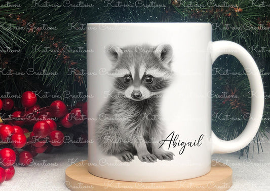 raccoon mug. Personalised raccoon cup. Ideal gift for Christmas. Birthday, secret santa or stocking filler