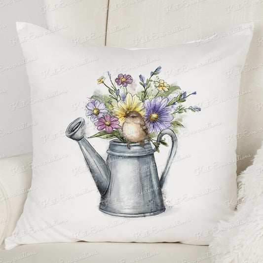 Bird and flowers personalised cushion. bird watering can pillow. Mothers day gift. Birthday present. gardeners gift