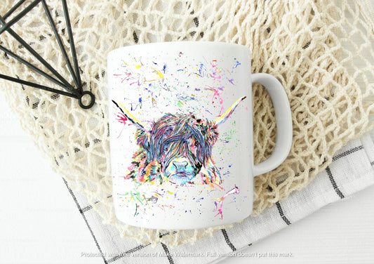 Stunning watercolour highland cow mug or mug and coaster set. can be personalised