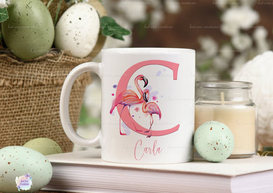 beautiful flamingo initial mug can be personalised