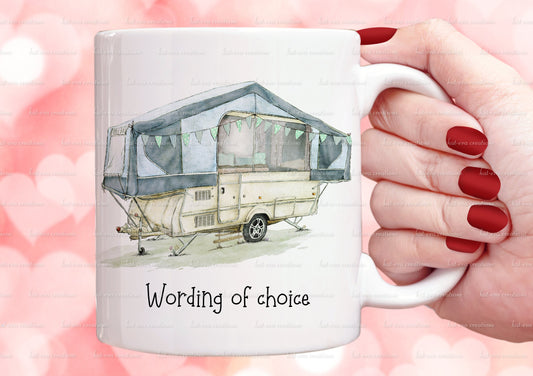 trailer tent mug. personalised vintage trailer tent cup. choice of colours