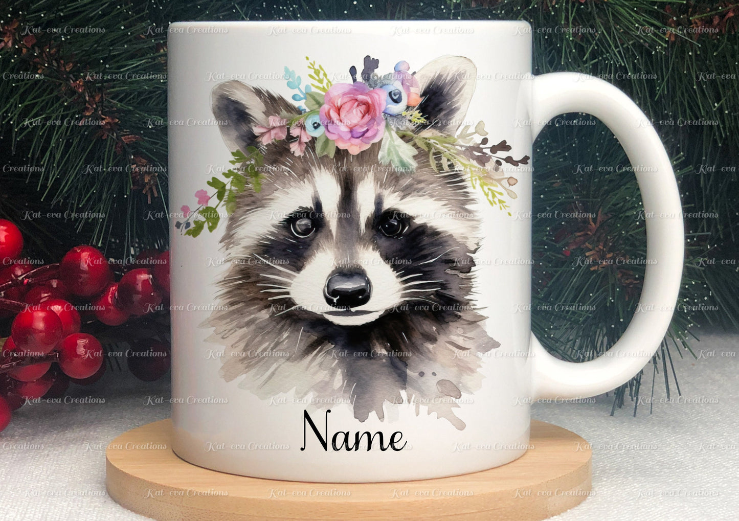 personalised racoon mug. Gorgeous Floral raccoon Cup. Ideal for birthday, secret santa, stocking filler or Christmas present