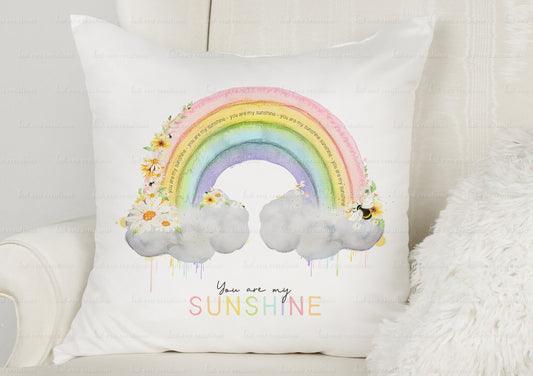 you are my sunshine rainbow cushion. can be personalised. ideal birthday gift, mothers day present, easter gift. positivity present