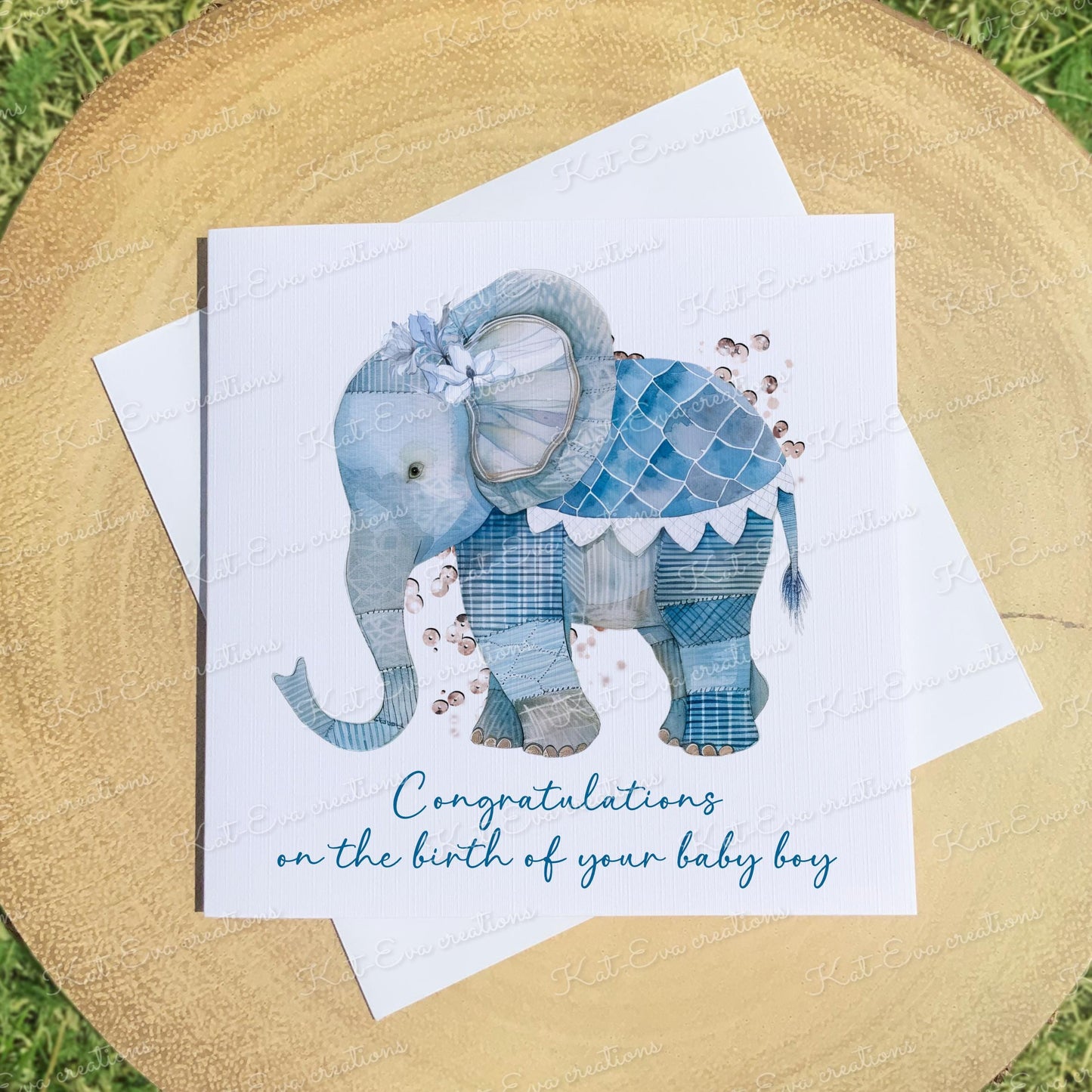 patchwork elephant card.  Personalised congratulations card. 6x6inch card. Baby girl, Baby boy card. New baby card. Birthday card