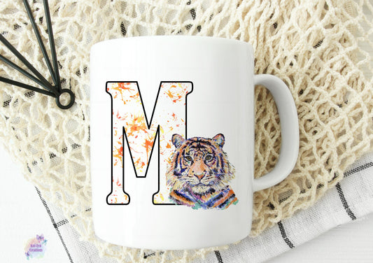 Watercolour tiger initial mug. can be personalised.