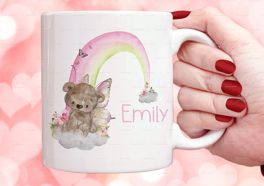 personalised fairy mug, Fairy bear cup. rainbow personalised mug and coaster