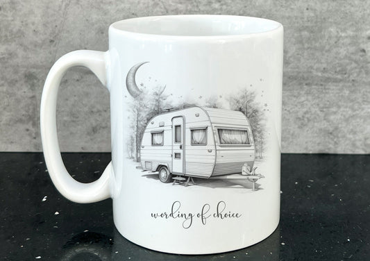 caravan mug. personalised caravan cup. Camping and caravanning gift. summer holiday present