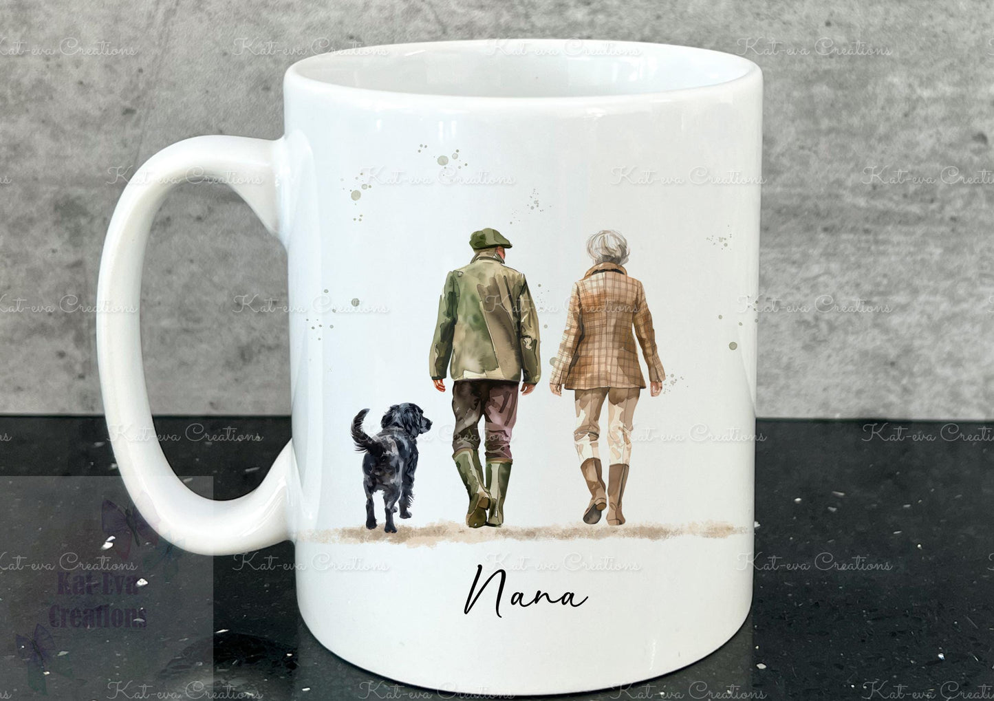 Dog and owner mug. personalised dog mug. Country walk family cup. Lots of different dogs available