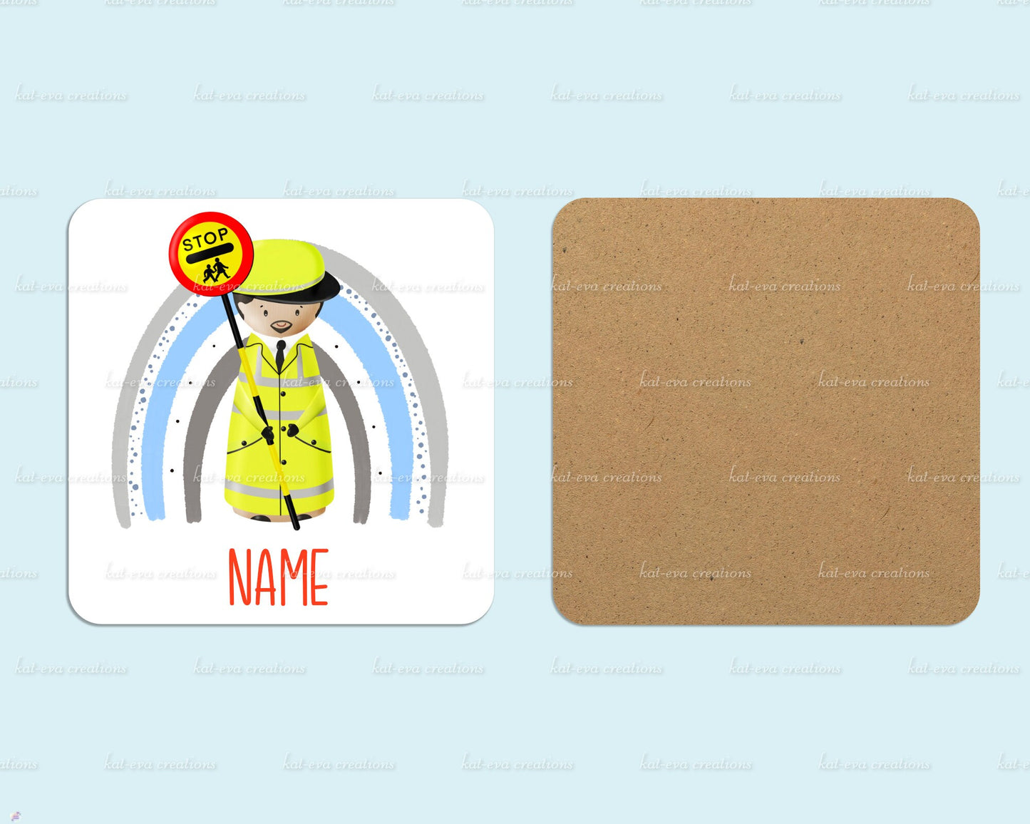 personalised lollipop lady / man / crossing peg doll rainbow 11oz mug or mug and coaster set