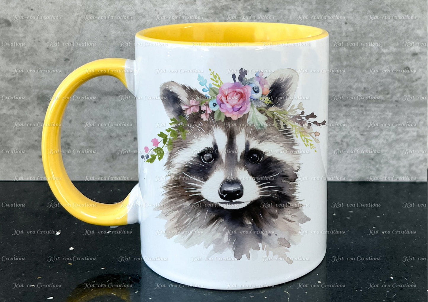 personalised racoon mug. Gorgeous Floral raccoon Cup. Ideal for birthday, secret santa, stocking filler or Christmas present