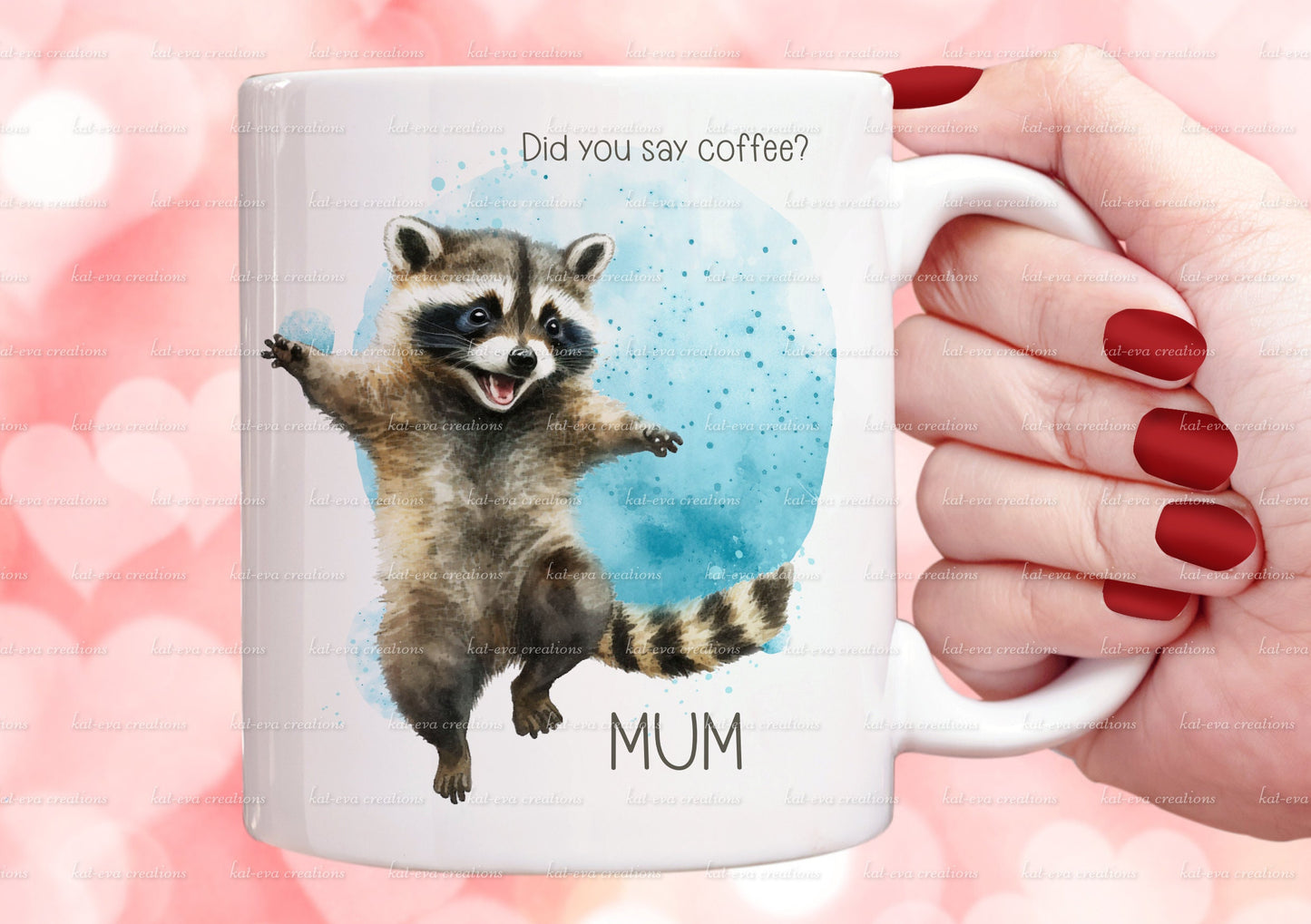 Racoon mug. personalised raccoon cup. cute smiley racoon. ideal birthday, thank you or Christmas gift