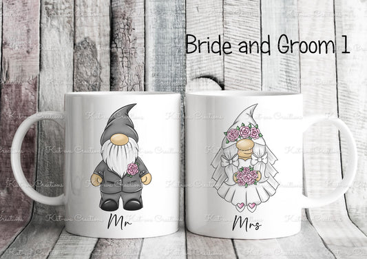 Personalised Bride and groom Mugs. personalised gnomes, gonks, bride and groom. Ideal wedding gift or engagement present