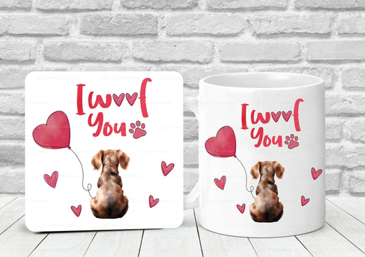 Dog mug. personalised I woof you dog cup or cup and coaster set. Lots of different dogs available