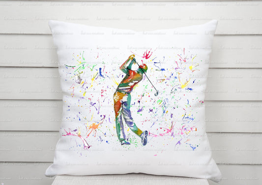 personalised golf watercolour cushion, ideal for birthdays, father's day
