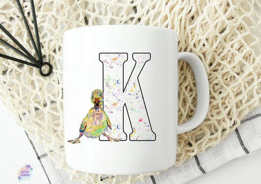 Watercolour duck / duckling initial mug, can be personalised.