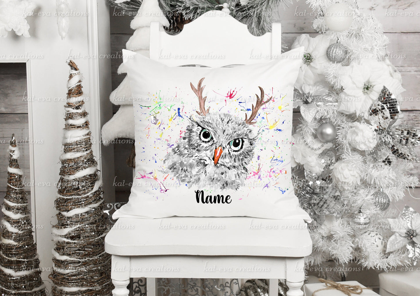 watercolour Owl cushion, can be personalised, Different backgrounds and christmas accessories available. ideal christmas decor or xmas gift